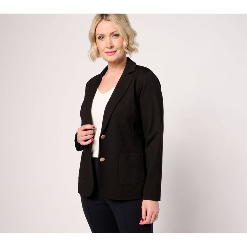 Susan Graver Women's Jacket Sz XL Tailored by Sleek Ponte Blazer Blk/Blue
